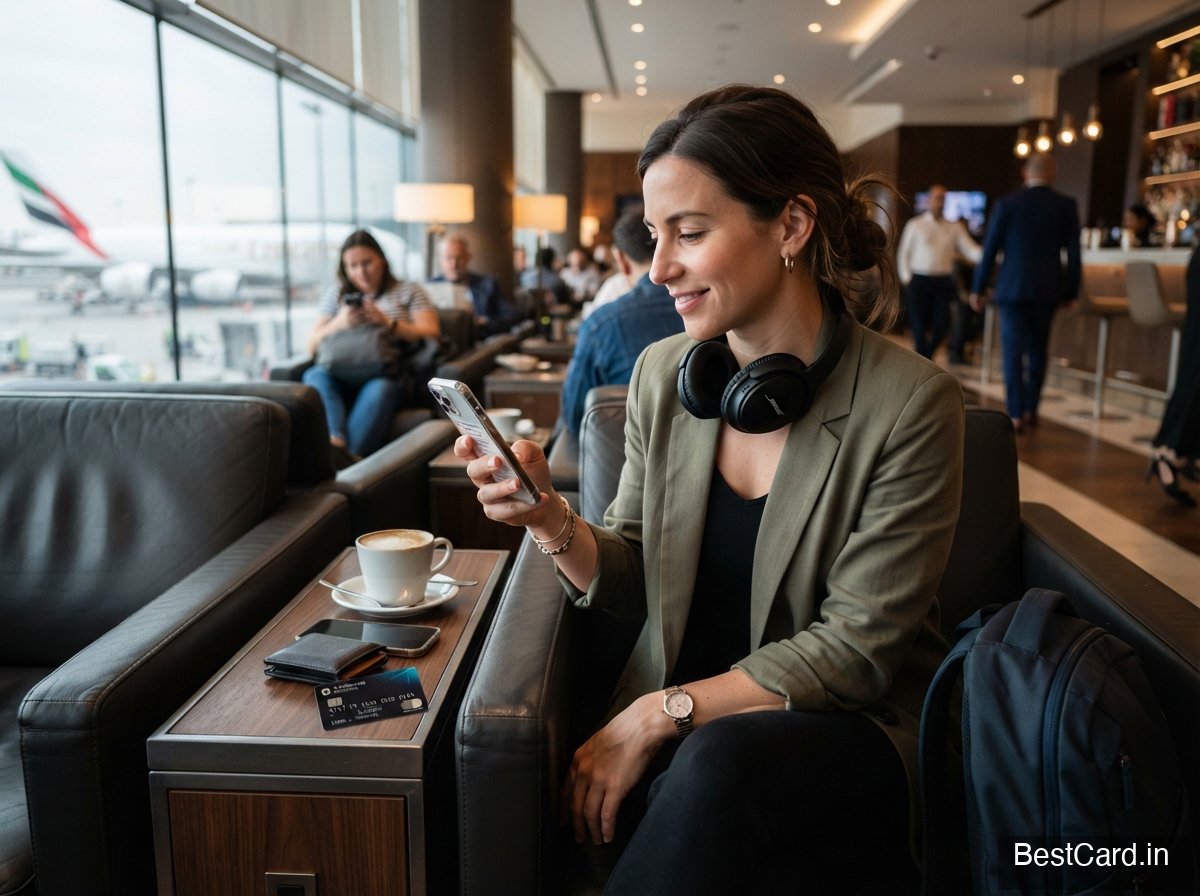A traveler checking a phone at an airport lounge