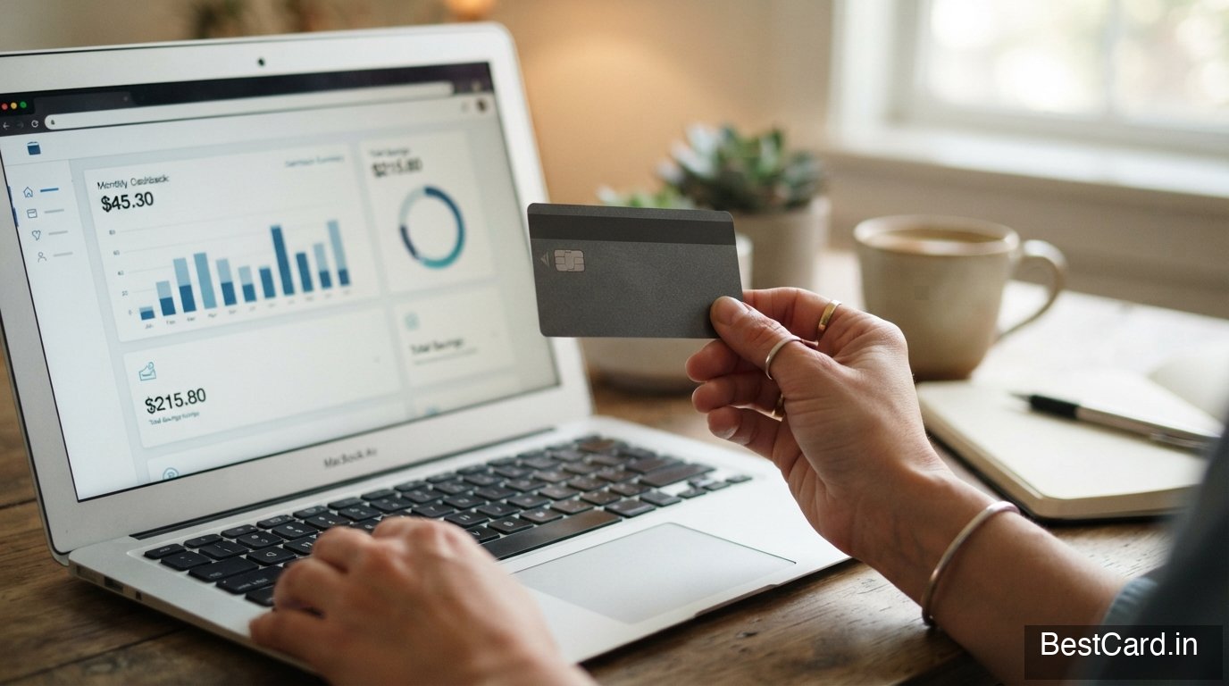 A person checking cashback percentages on a banking app on their phone next to two credit cards