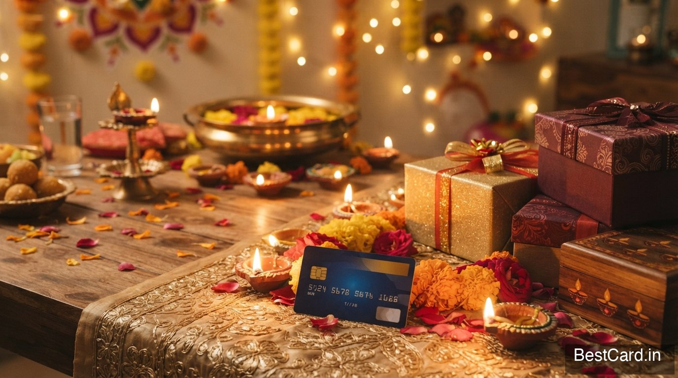 Diwali shopping bags and festive decorations near a credit card