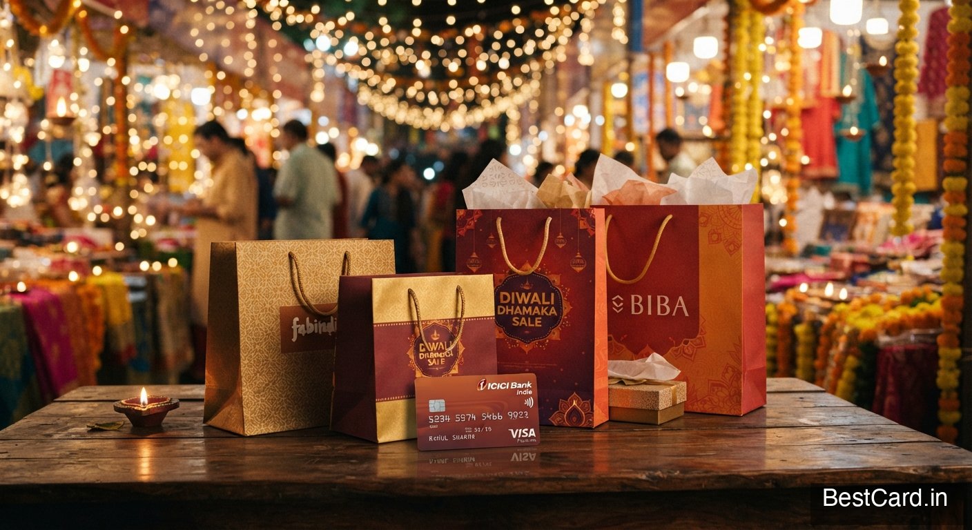 Shopping bags and a credit card on a table during a festive sale, with string lights in the background