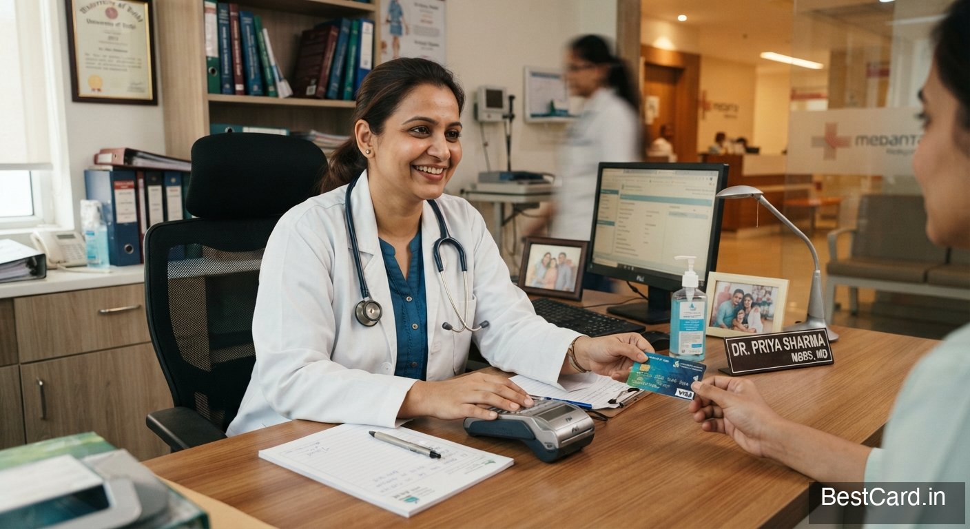 A doctor reviewing paperwork at a clinic desk with a laptop and card nearby