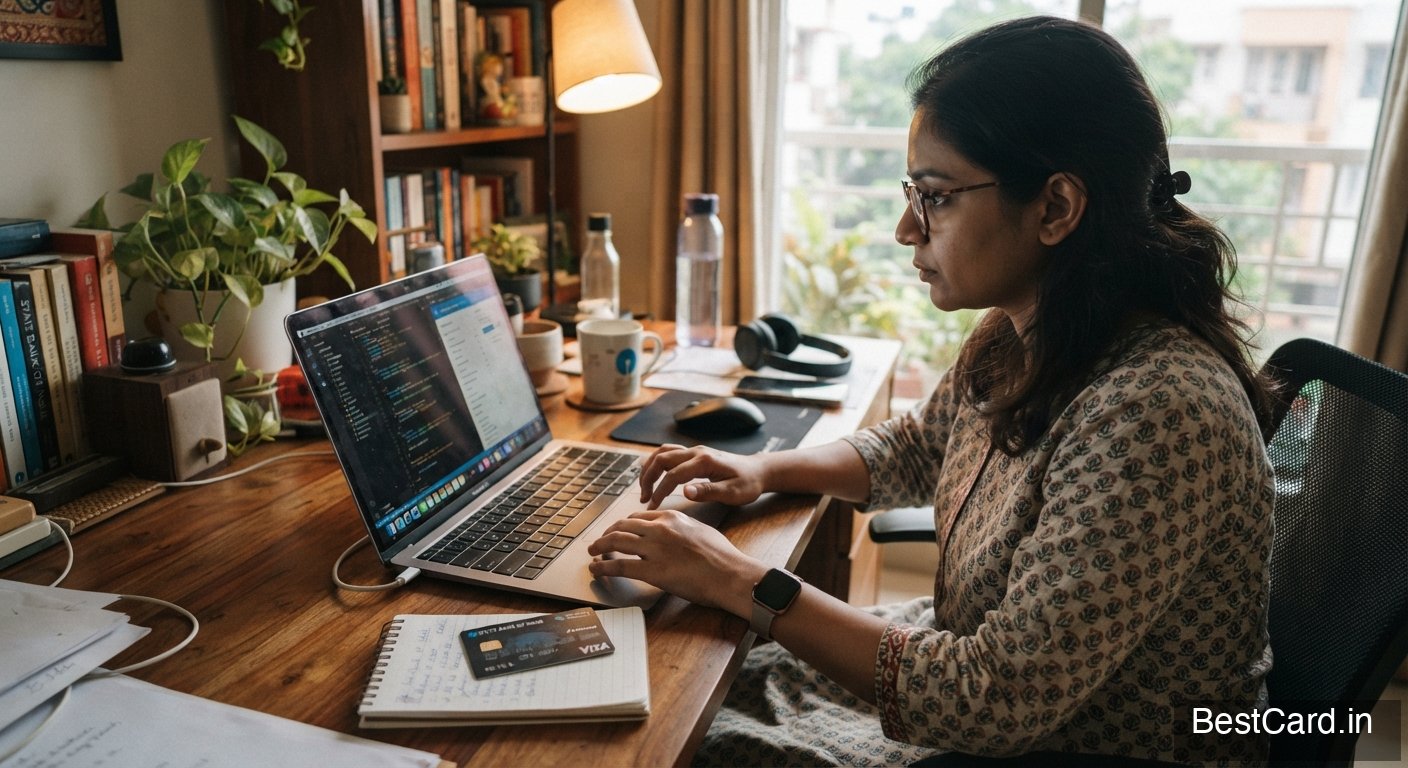 A freelancer reviewing invoices and a laptop screen with a credit card on the table