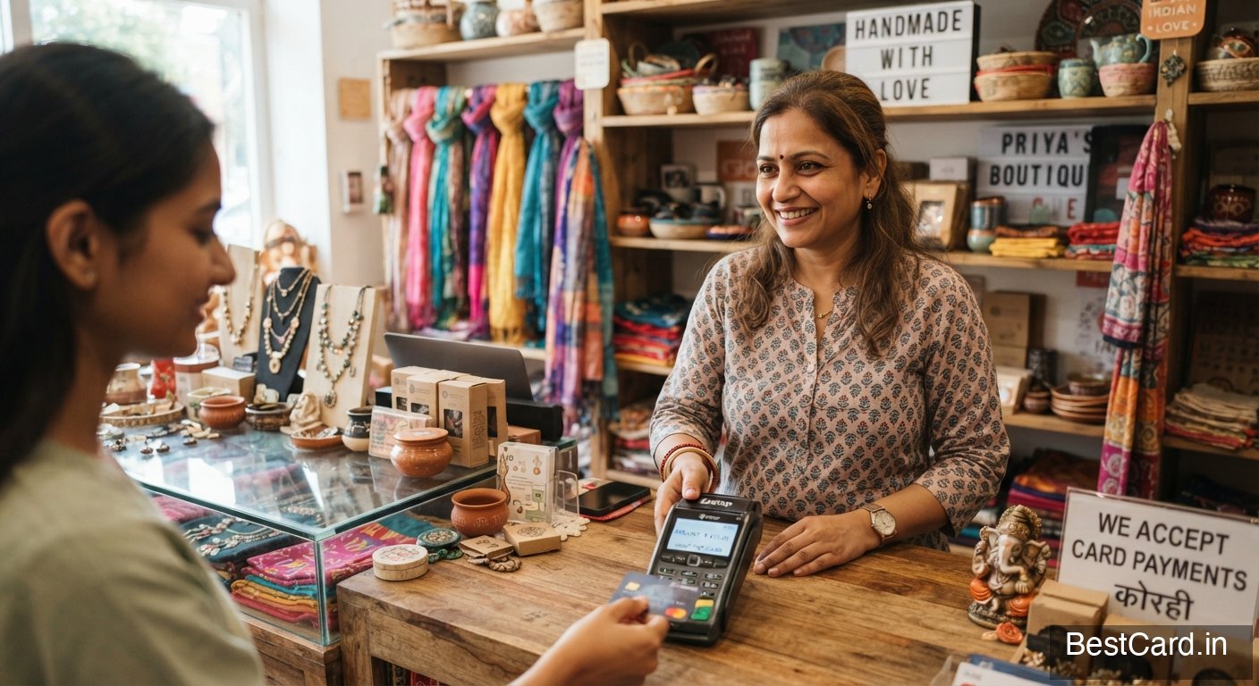 A business owner using a card machine at a small retail counter