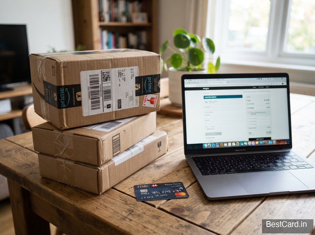 A person shopping online on a laptop with a credit card nearby