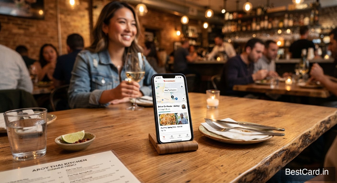 Friends enjoying a meal at a restaurant with a credit card on the table