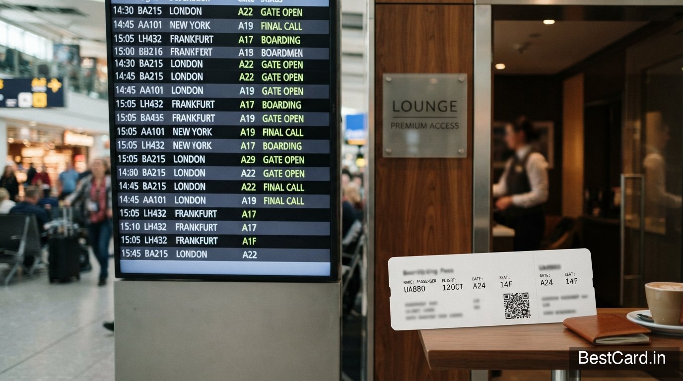 Airport lounge seating area with travel bags and a boarding pass