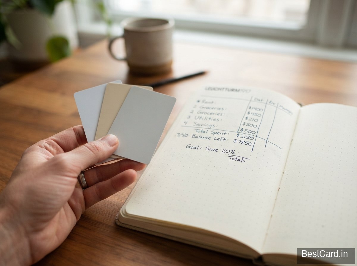 Young professional reviewing bills and a credit card at a desk