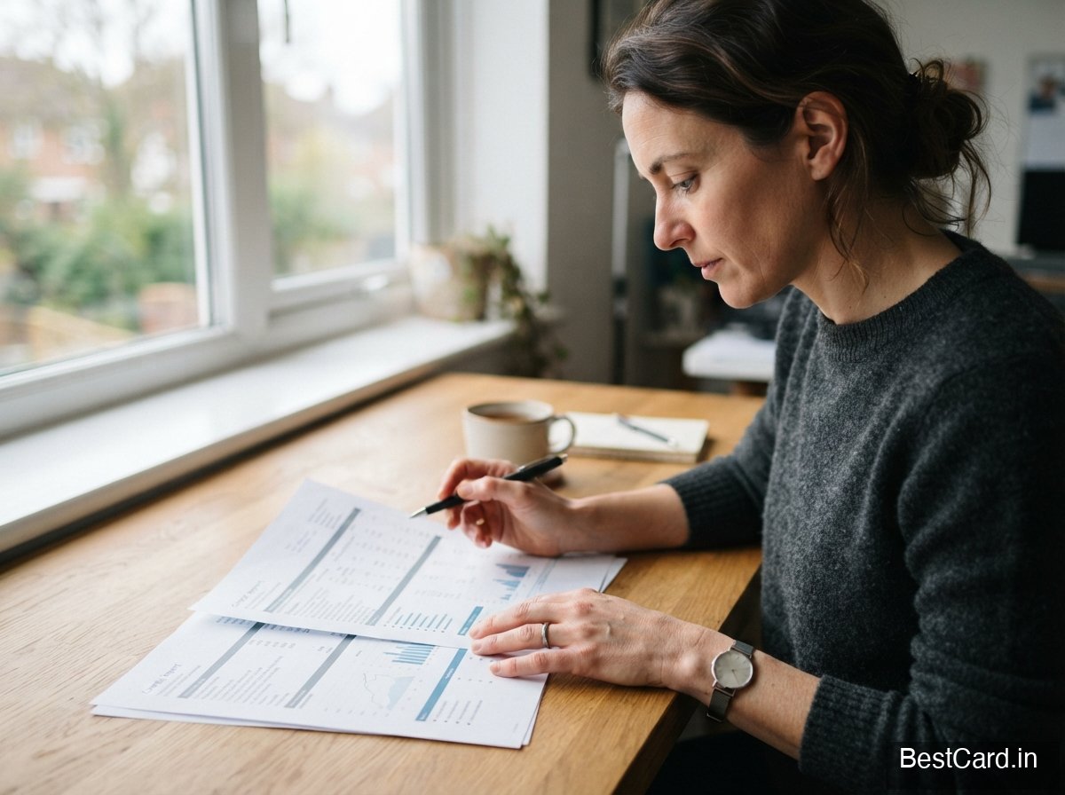 A person reviewing a printed credit report with a pen