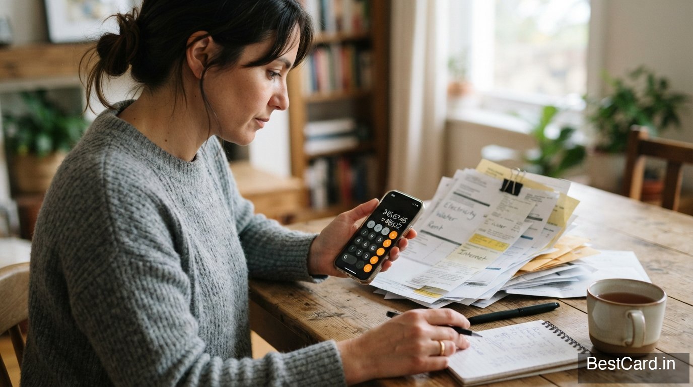 A person calculating expenses on a phone next to a stack of bills