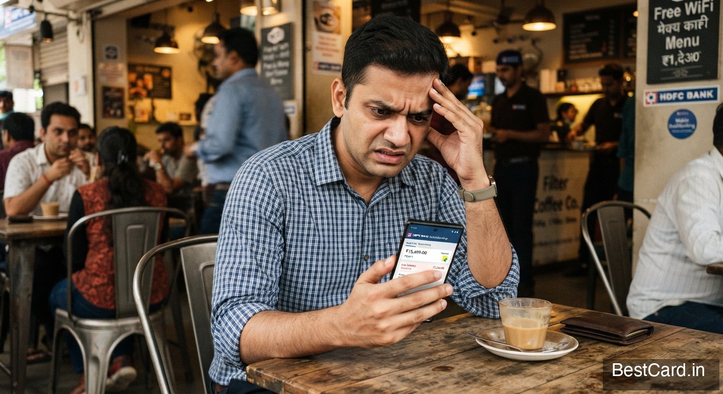 A person looking stressed while checking a banking app on their phone