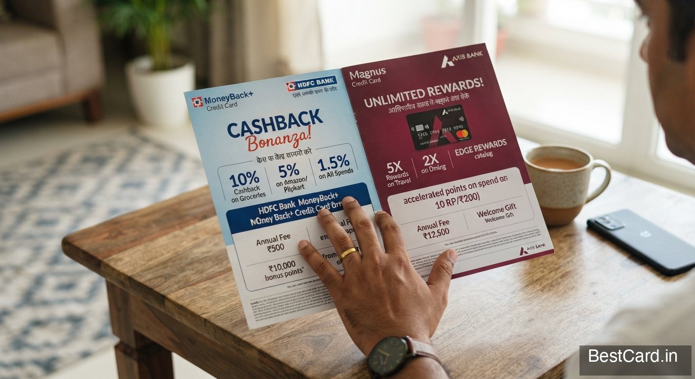 A hand comparing two credit card offer brochures on a table, one showing cashback percentages and one showing reward points