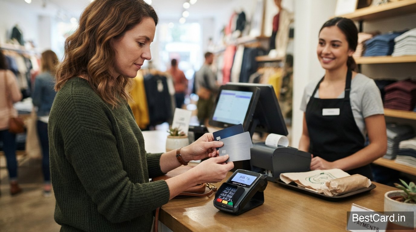 A person choosing between two cards while paying at a store counter