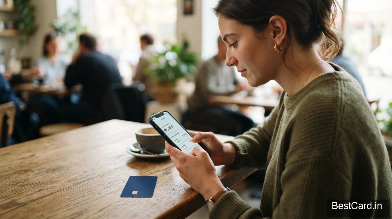 A young person reviewing a bank app on their phone with a credit card nearby