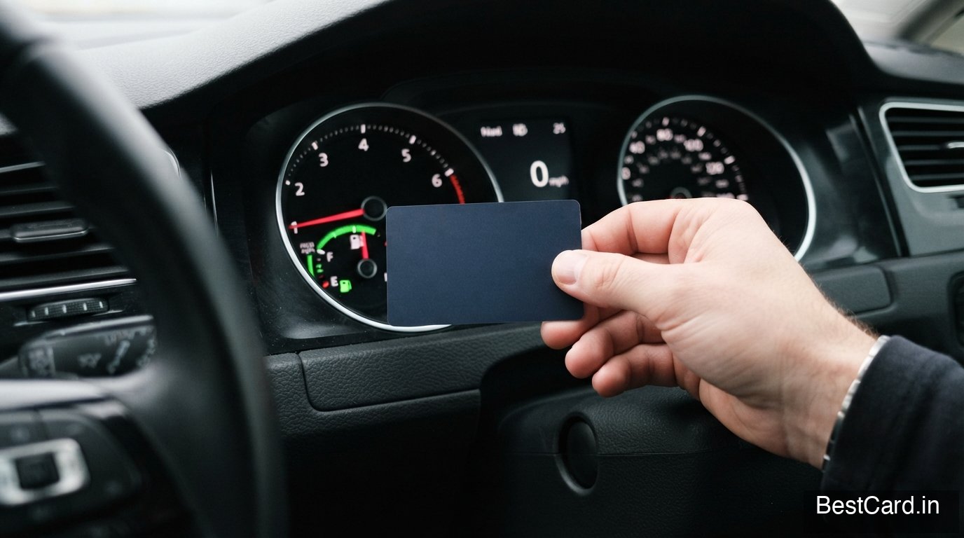 A hand tapping a credit card at a fuel pump payment terminal