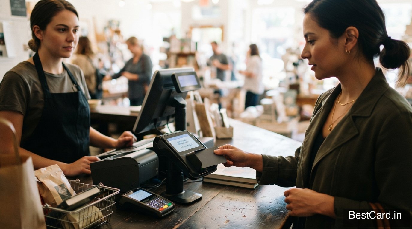 Someone paying with a credit card at a checkout counter