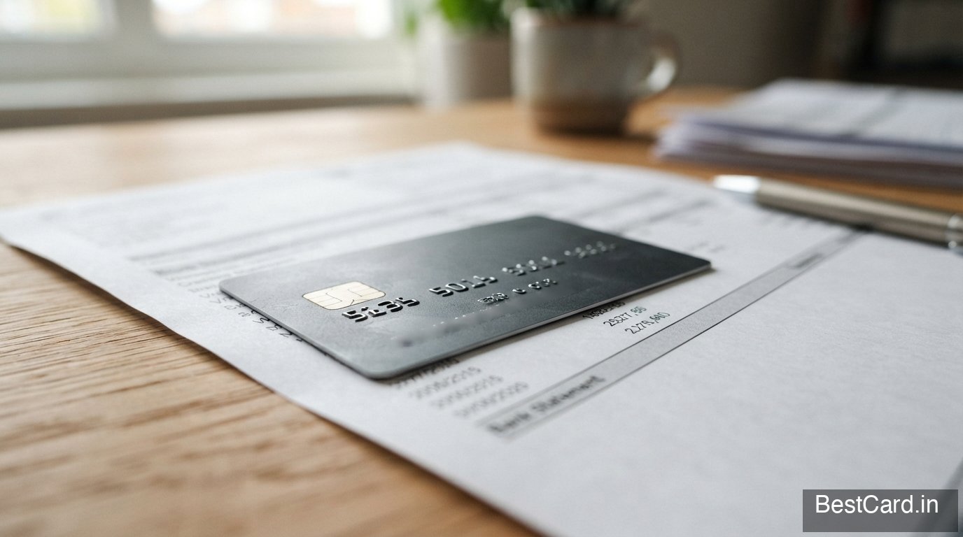 A close-up of a credit card resting on top of a bank statement
