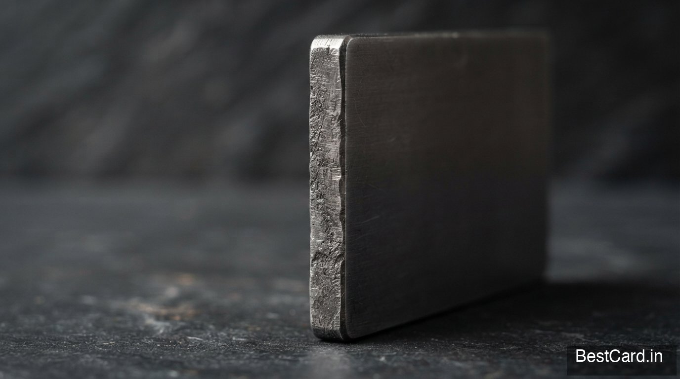 A heavy metal credit card being placed on a marble countertop