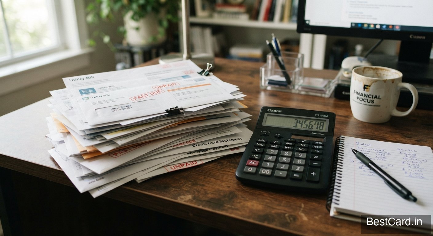 A stack of unpaid bills next to a calculator showing a large number