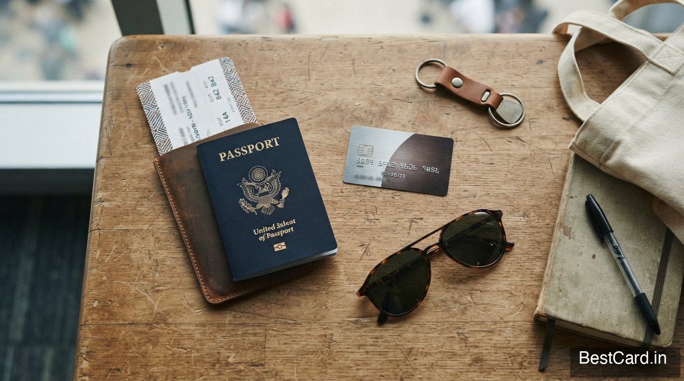 Traveler checking flight details on a phone while holding a credit card