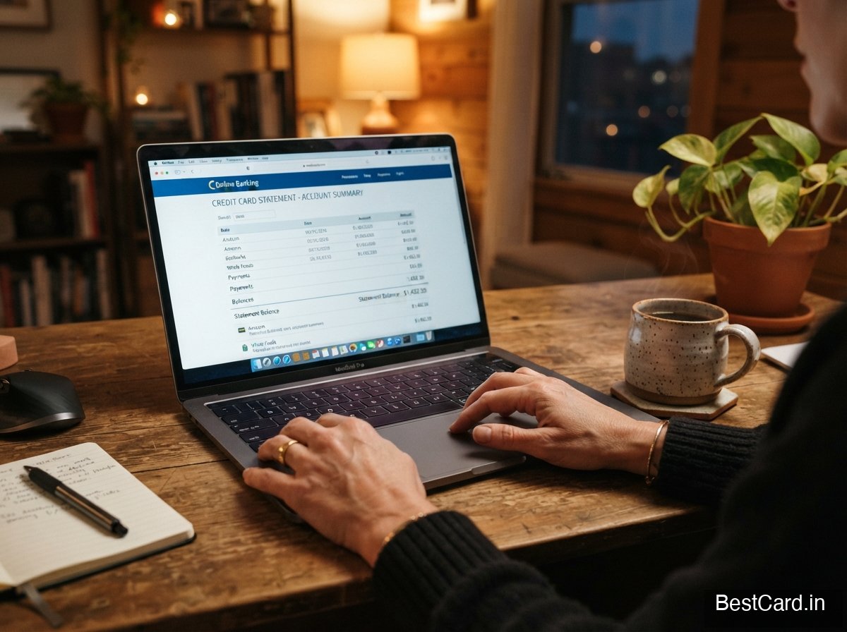 A person reviewing a credit card statement on a laptop