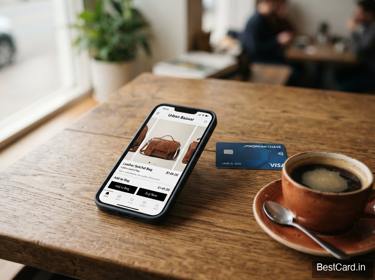 A phone showing a shopping app next to a credit card and coffee cup